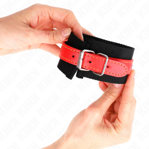 KINK - MUÑEQUERAS DE NYLON NEGRO CON CORREA POLIPIEL ROJO AJUSTABLE 19-24 CM X 5.5 CM