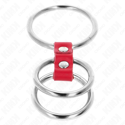 KINK - ANILLO PENE TRIPLE METAL 3.7 CM A 5 CM CONECTADOS CON CUERO ROJO