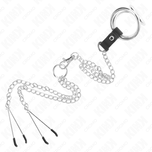 KINK - ANILLO PENE TRIPLE METAL CROMADO 3.8 CM A 5 CM CON CADENA METAL 26 CM Y PINZAS PARA PEZONES MODELO 2