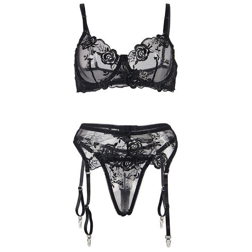 SUBBLIME - 945237 SUJETADOR + PANTIES CON LIGUERO DISEÑO FLORAL NEGRO S/M