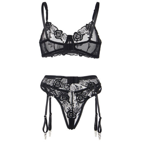 SUBBLIME - 945237 SUJETADOR + PANTIES CON LIGUERO DISEÑO FLORAL NEGRO S/M