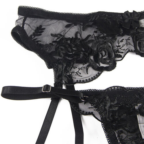 SUBBLIME - 945237 SUJETADOR + PANTIES CON LIGUERO DISEÑO FLORAL NEGRO S/M