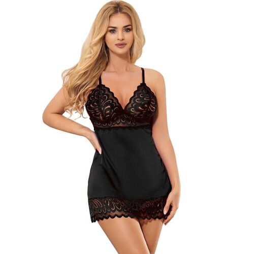 BRUMA SECRET - IRENE BABYDOLL SATINADO CON ENCAJE NEGRO XS/S