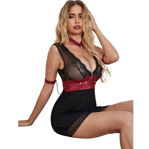 BRUMA SECRET - CATALINA BABYDOLL BONDAGE DE ENCAJE CON ESPOSAS NEGRO XS/S