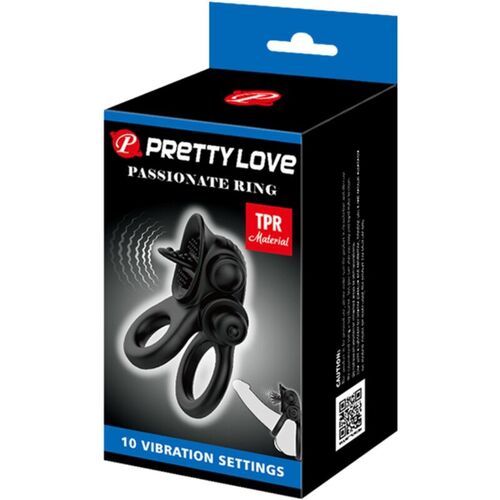 PRETTY LOVE - PASSIONATE RING DOBLE ANILLO VIBRADOR + ESTIMULADOR CLÍTORIS NEGRO